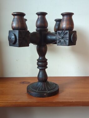 Vintage Gothic Primitive Style Wood Carved Candelabra